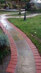 A path we created at a job in Edwalton, Nottingham using a red pavior for the edging and a multi buff indian sanstone for the infill of the path A path we created at a job in Edwalton, Nottingham using a red pavior for the edging and a multi buff indian sanstone for the infill of the path